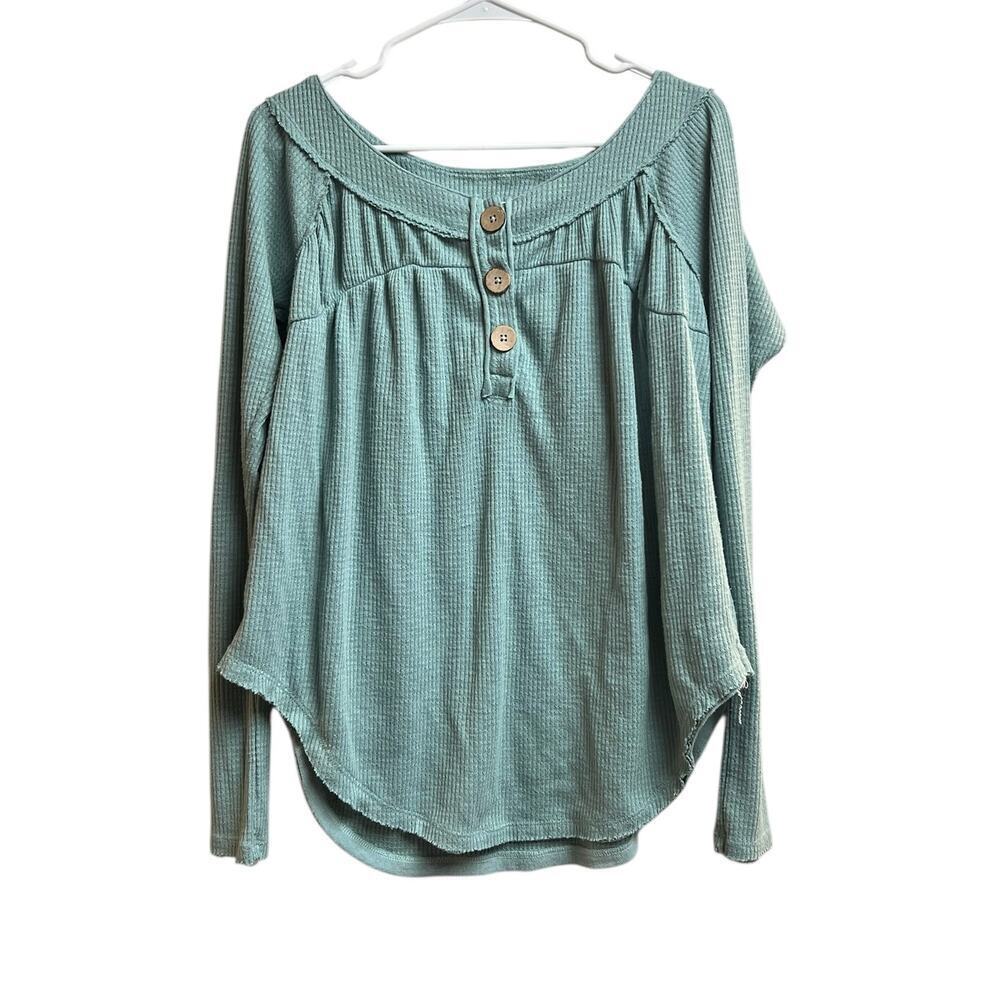 Free People We The Free Henley Top Green Waffle Knit Small